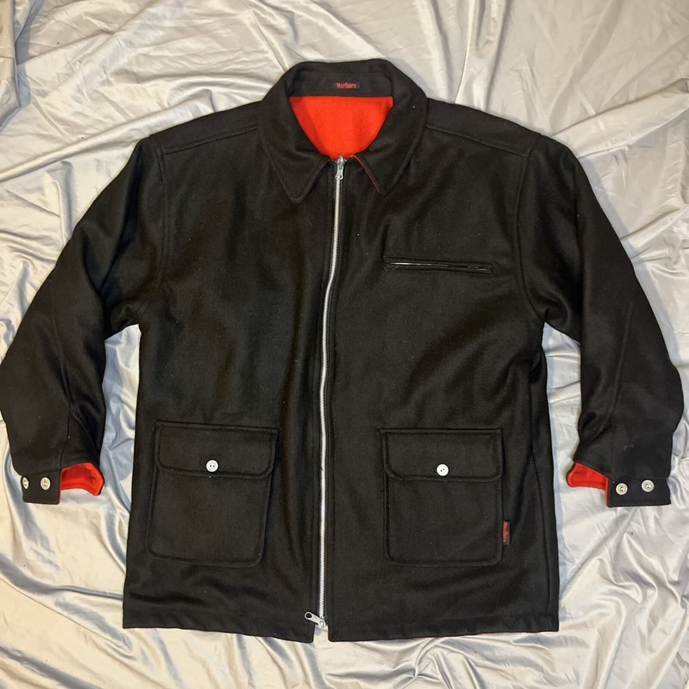 Vintage Marlboro Wool Blend Reversible Black and Red Men's Jacket Coat Sz L